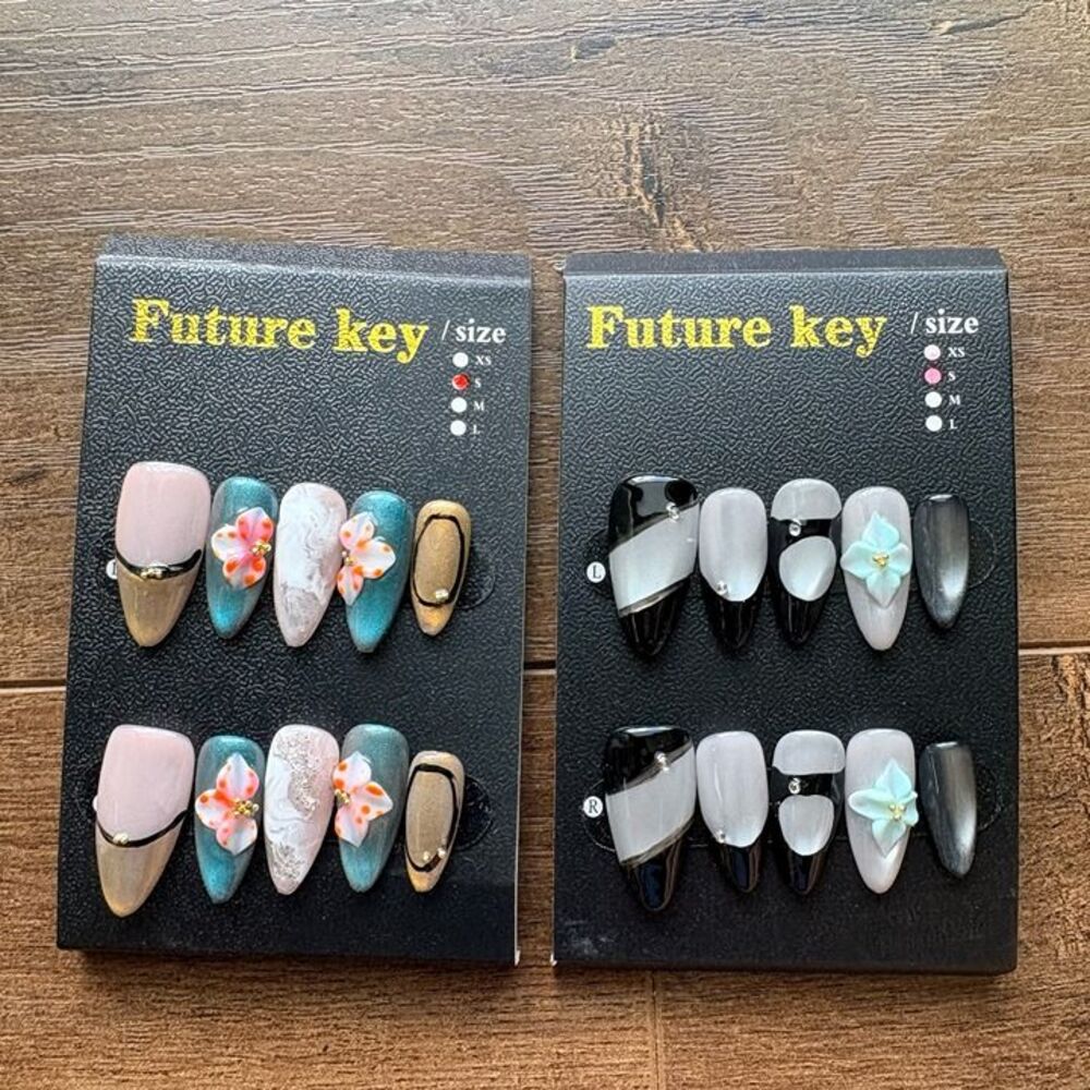 Bundle of 2 | 3D Aura Cat Eye Floral Handmade Almond Press-On Nails